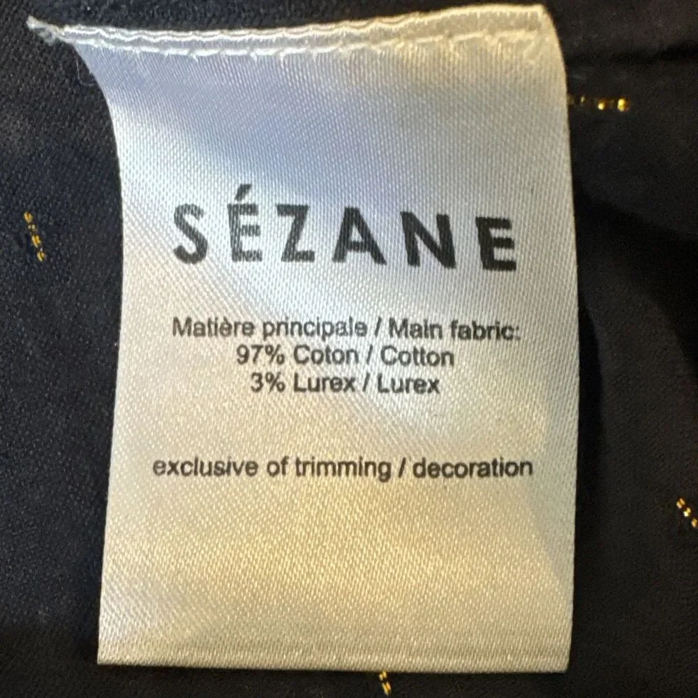 Sezane Black Blouse 34 US 2 Gold Metallic Accents Button Front Long Sleeve Chic